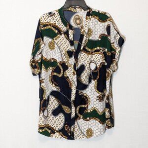 Women's SHEIN CURVE Black/Gold, Treasure Print, Short Sleeve Blouse; Size 4XL